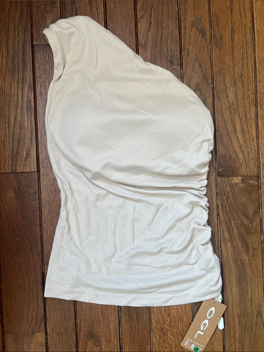 OGL Light Beige Morning Mist One Shoulder Ruched Built In Bra Top Size Small NWT